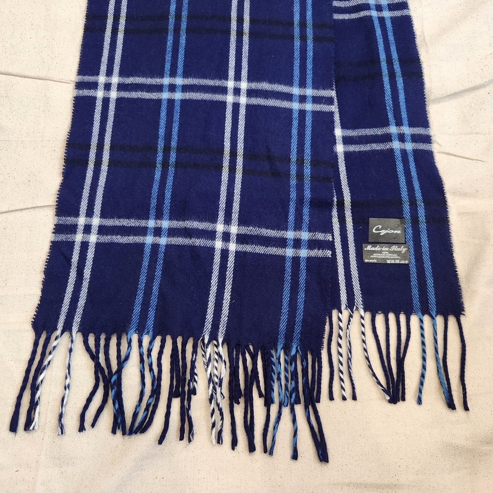 Cejon Made in Italy Blue Plaid Scarf 100% Acrylic Fringe Winter Fall